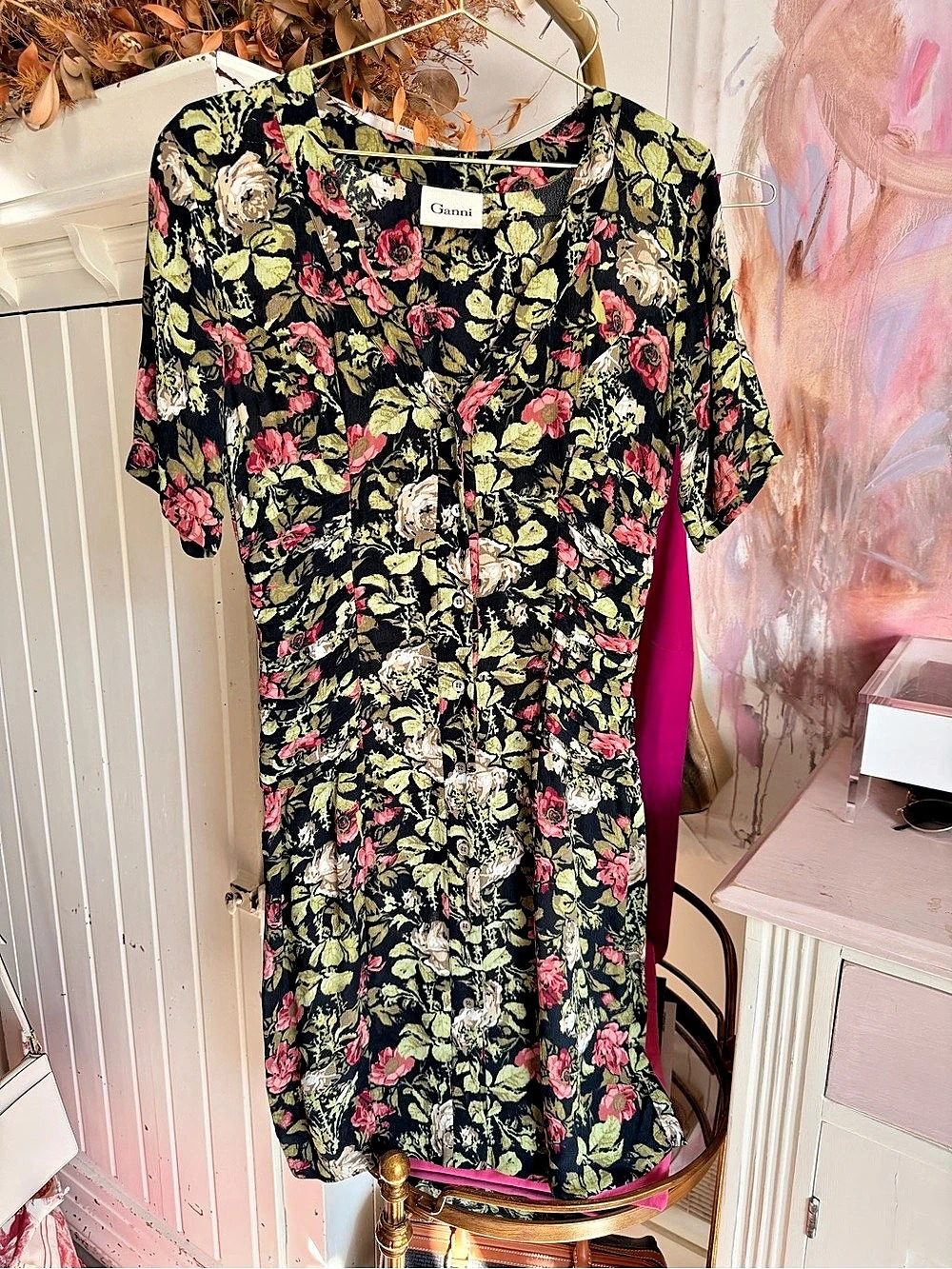 Ganni 13.3 PROGRAMME 1406 POLKAS AND ROSES Floral Maxi Dress in Black & Pink
